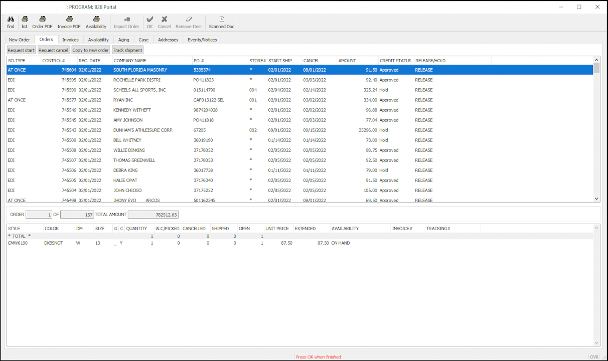 B2B Sales Force Portal - Sales Order List (PC)